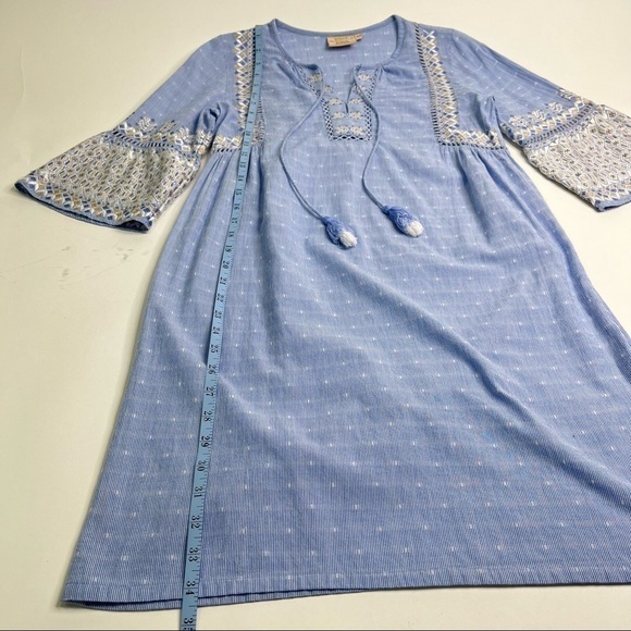 Rungolee Boho Blue Chambray Cottagecore Embroidered Bell Sleeve Tassel Dress - Picture 17 of 17